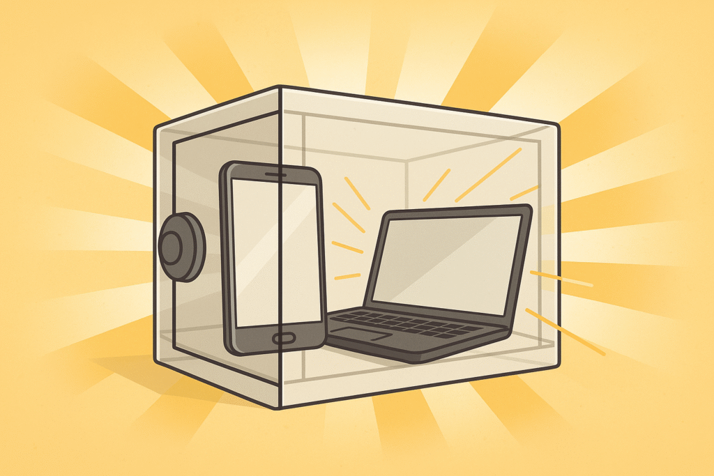 Ilustração conceitual de herança digital com cofre transparente e dispositivos.